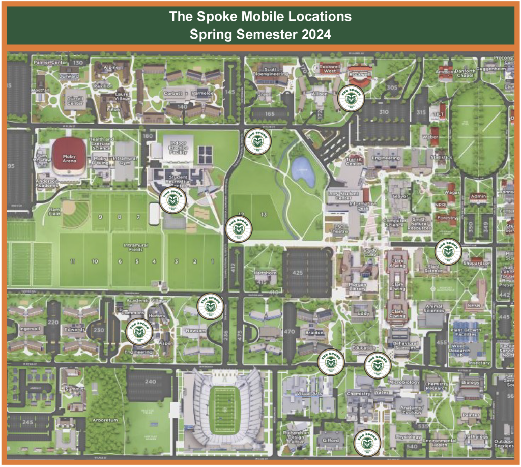 Map of the Spring Semester 2024 Mobile Shop Locations. Those locations are listed in the table above for those with visual impairments.