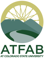 Alternative Transportation Fee Advisory Board at Colorado State University Logo with Wheel Spoke, Horsetooth Mountain and a road to the mountain.